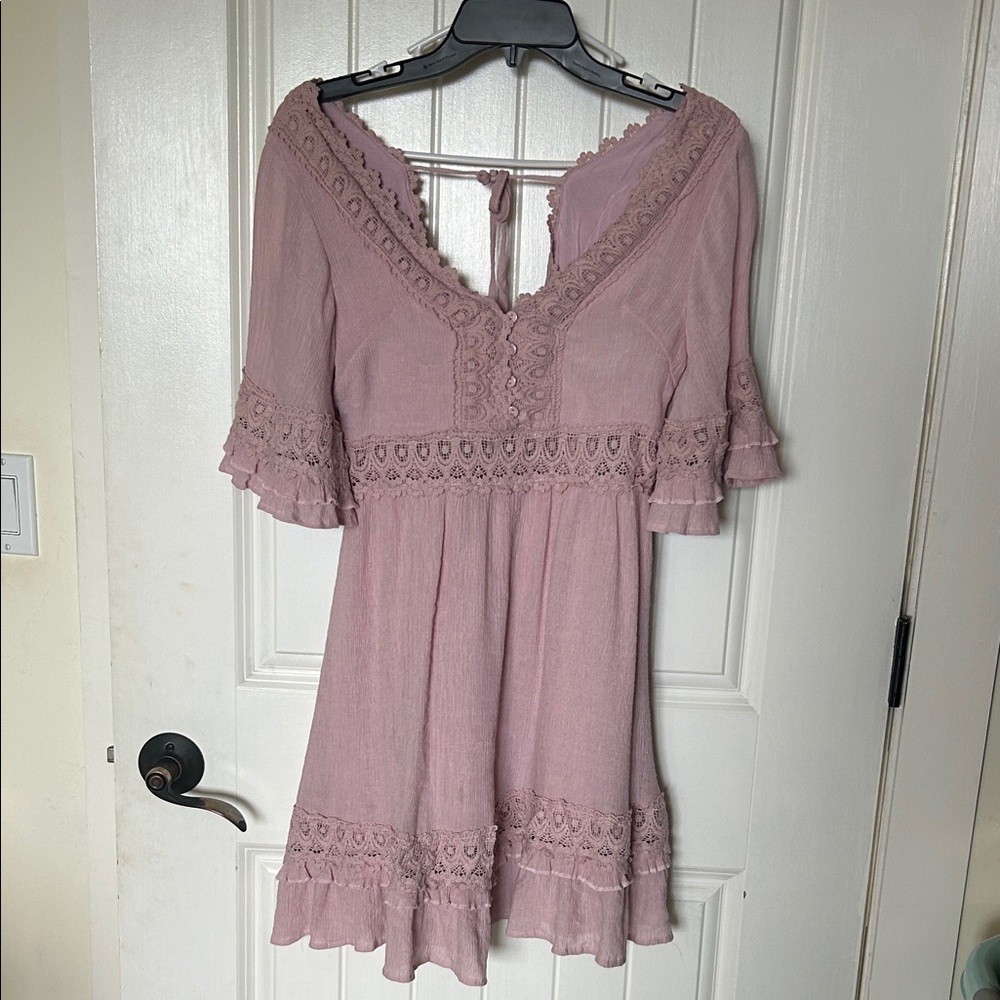 Mauve Pink Lace-Trim Mini Dress
